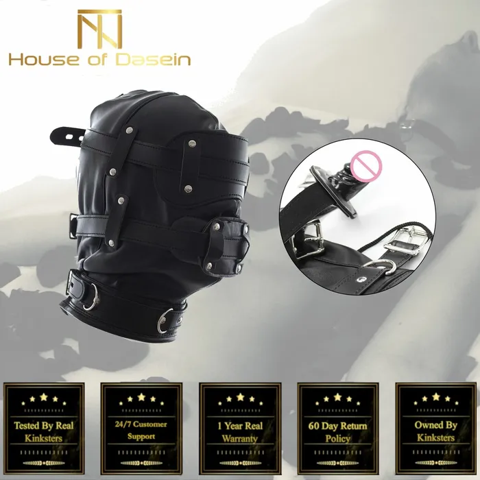 Hoods Black Full Hood Blindfold Dildo Gag Bdsm Sex Mask Headgear Fetish Kink House of Dasein Anal